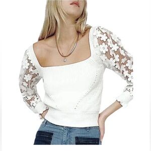 French Connection Juri Mozart White Rib Knit Sweater with Floral Appliqué